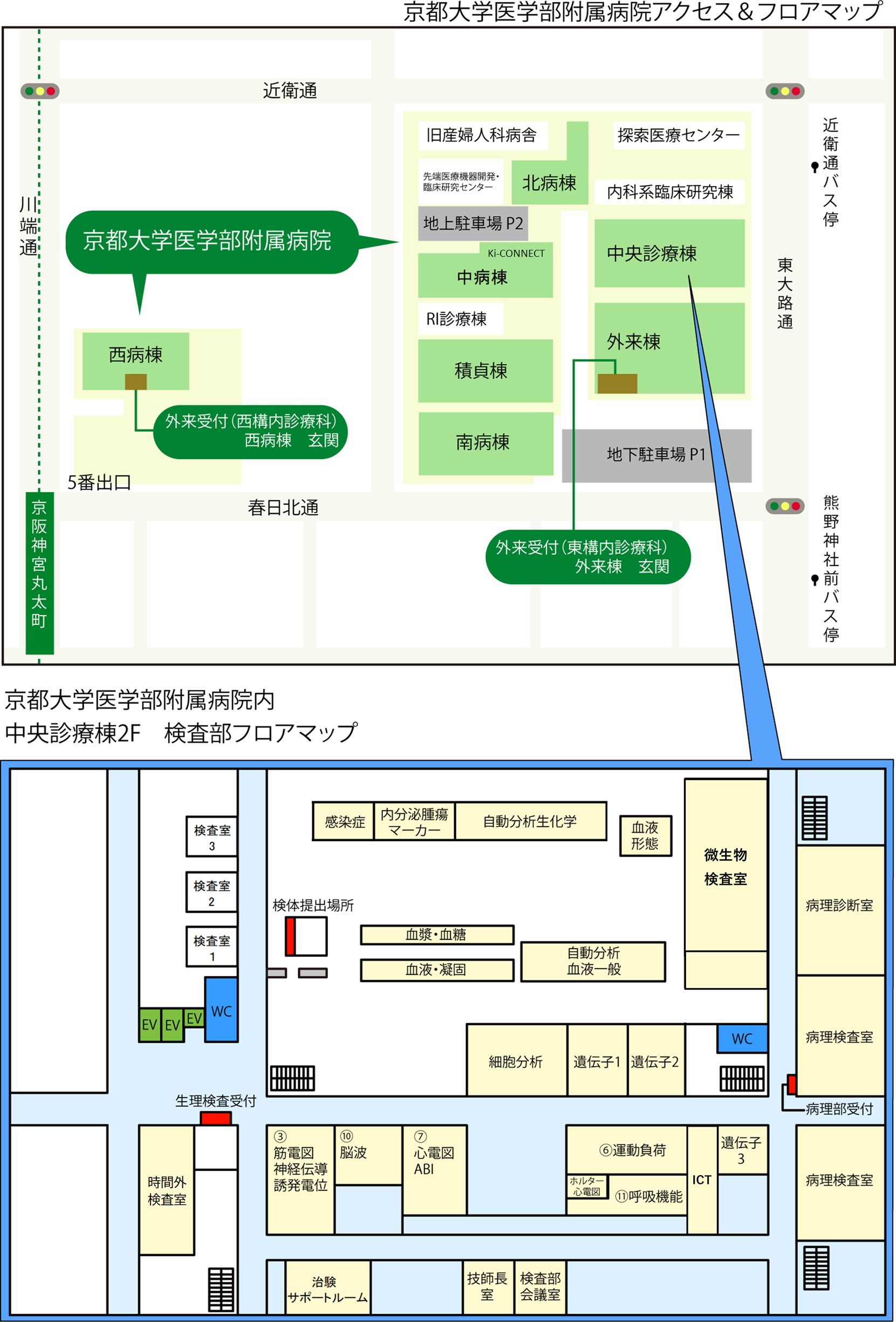 京都大学医学部附属病院内 中央診療施設棟2F　検査部フロアーマップ