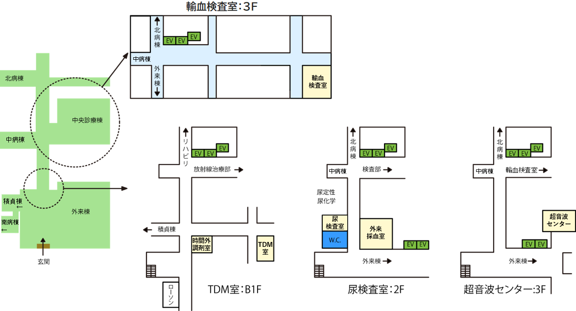 京都大学医学部附属病院内 中央診療施設棟・外来棟フロアーマップ