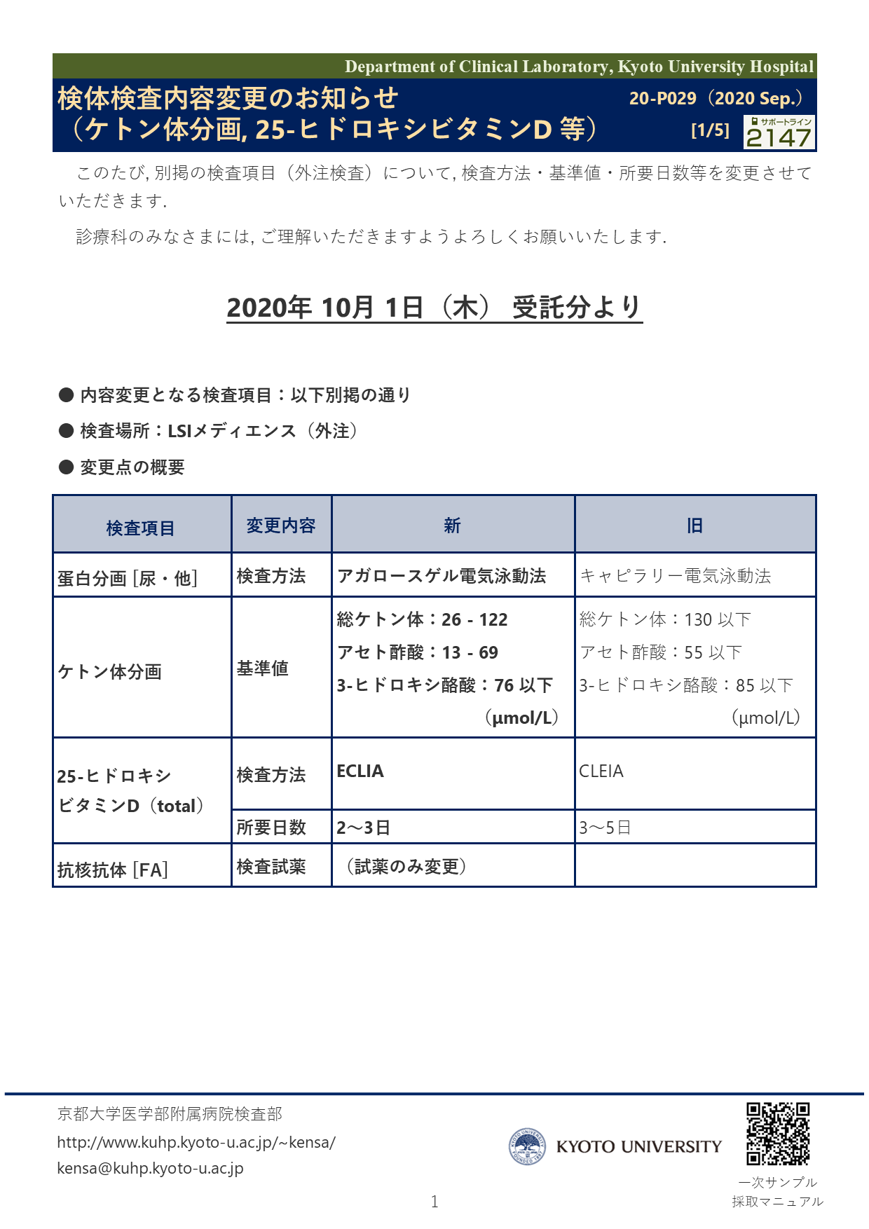 【2020 Sep.】<br />検体検査内容変更のお知らせ（ケトン体分画, 25-ヒドロキシビタミンD 等）
