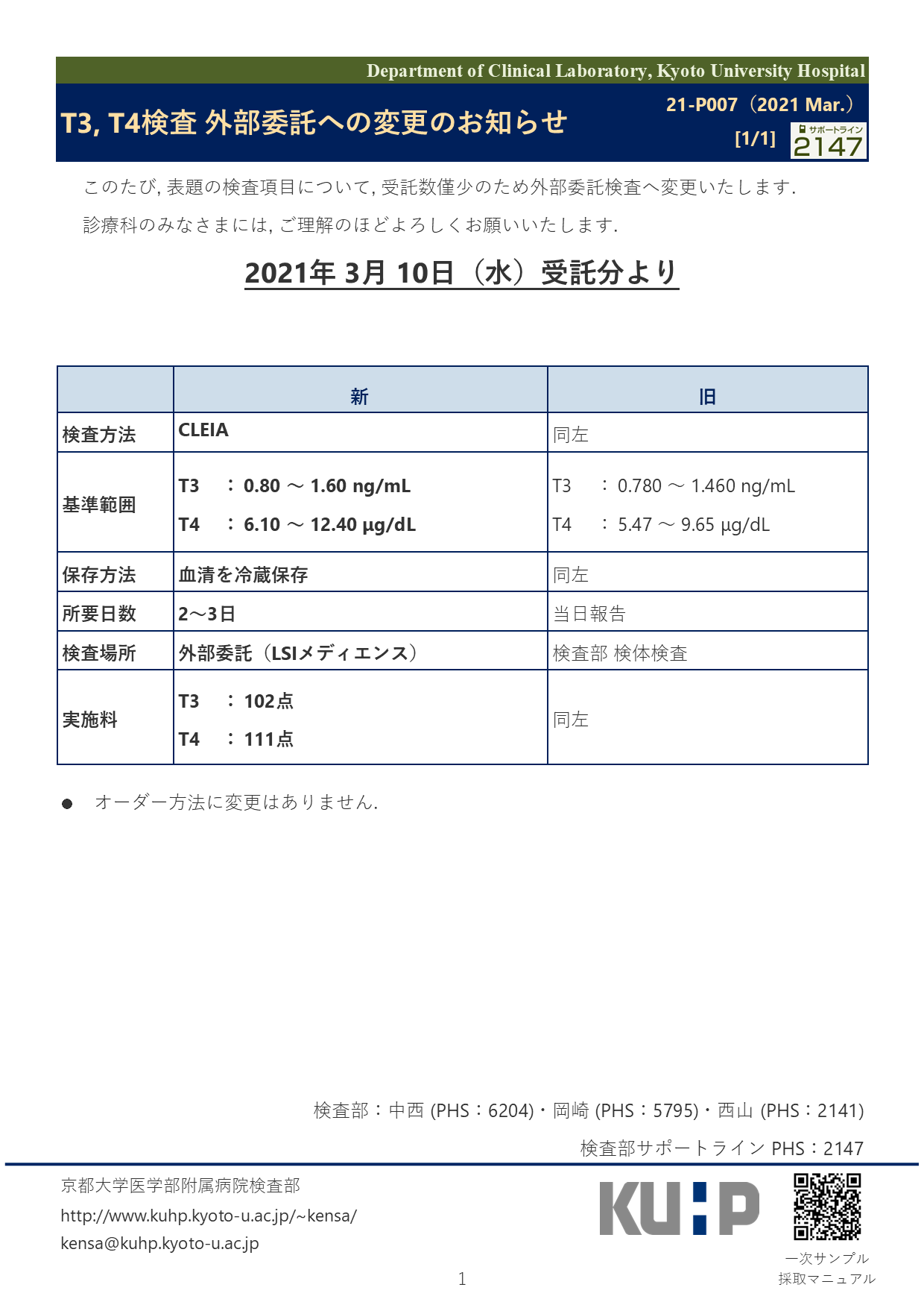 【2021 Mar.】<br />T3, T4検査 外部委託への変更のお知らせ