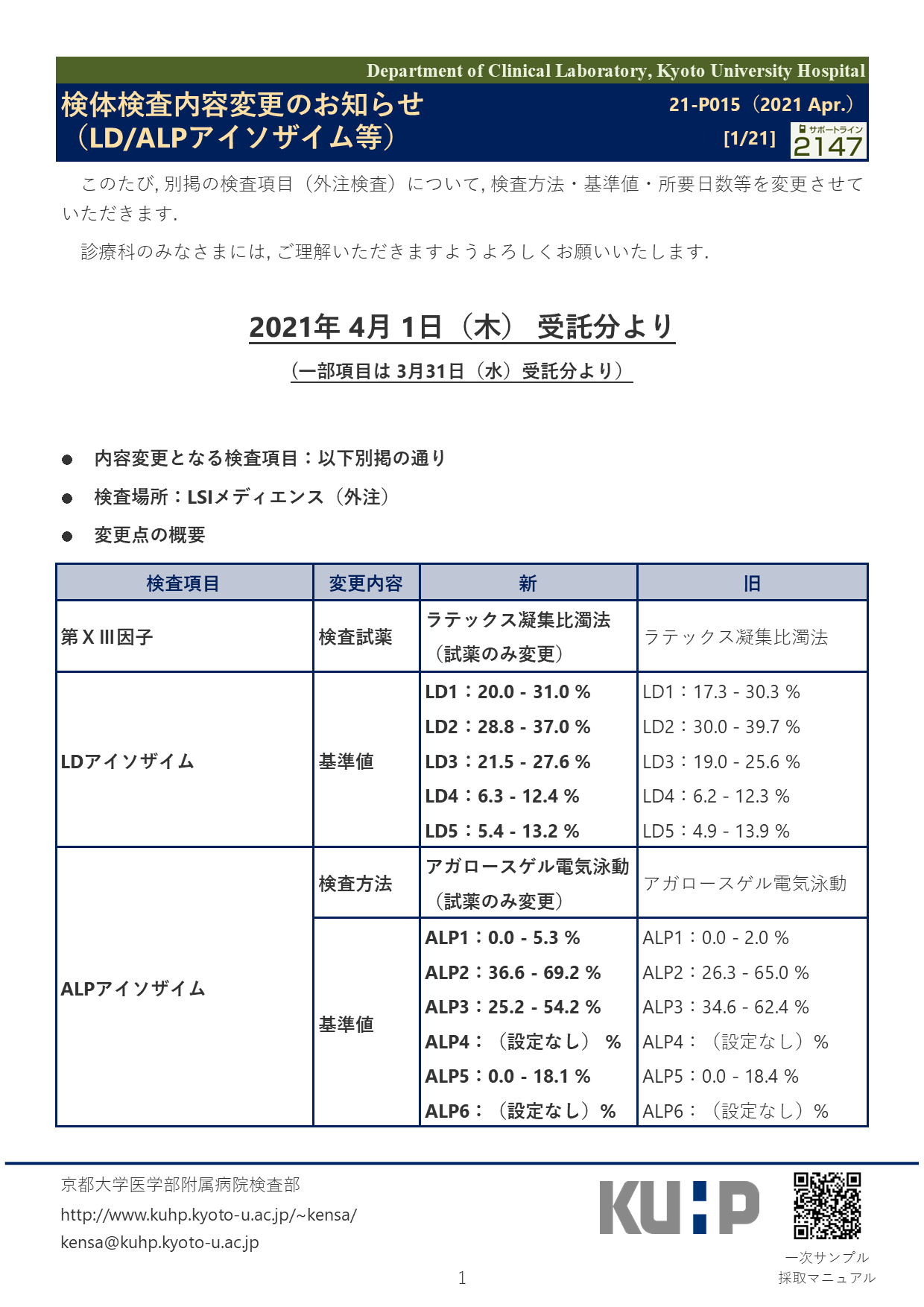 【2021 Apr.】<br />検体検査内容変更のお知らせ（LD/ALPアイソザイム等）