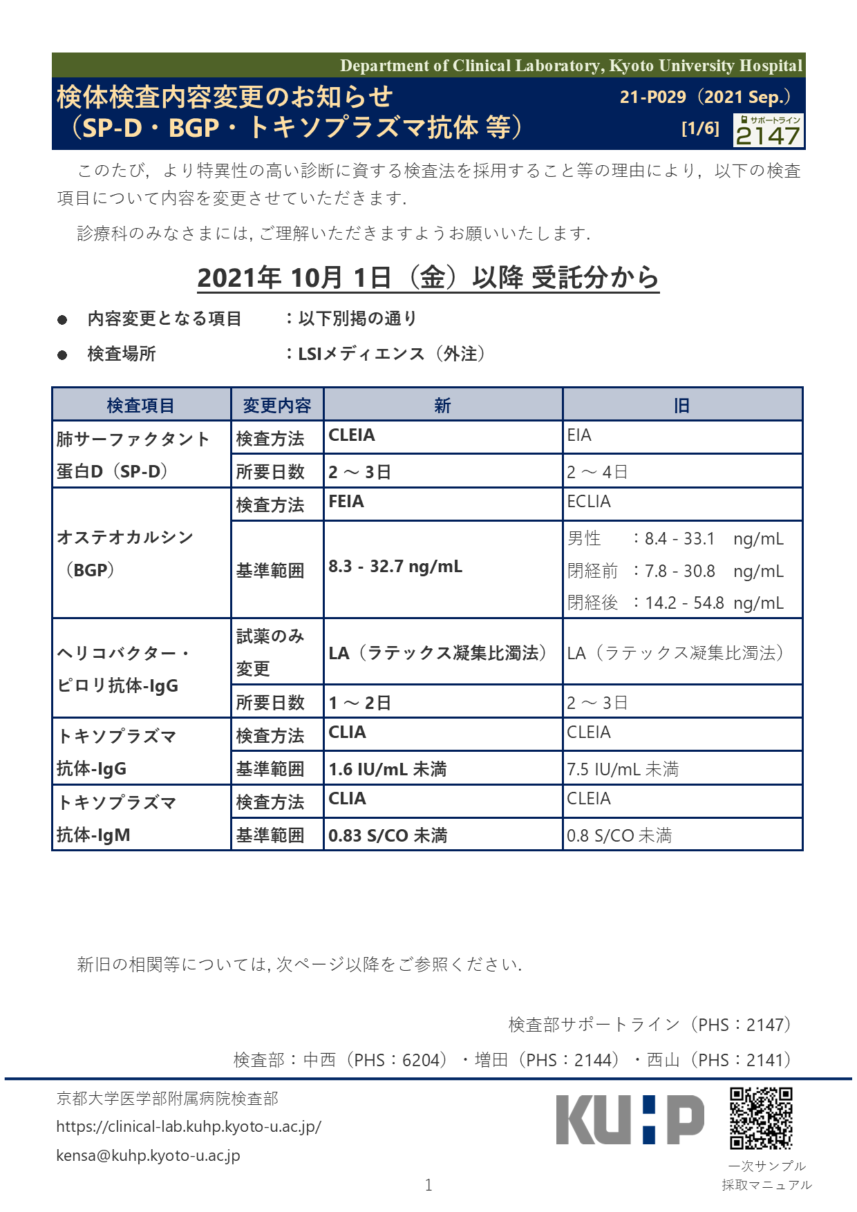 【2021 Sep.】<br />検査内容変更のお知らせ（SP-D・BGP・トキソプラズマ抗体 等）