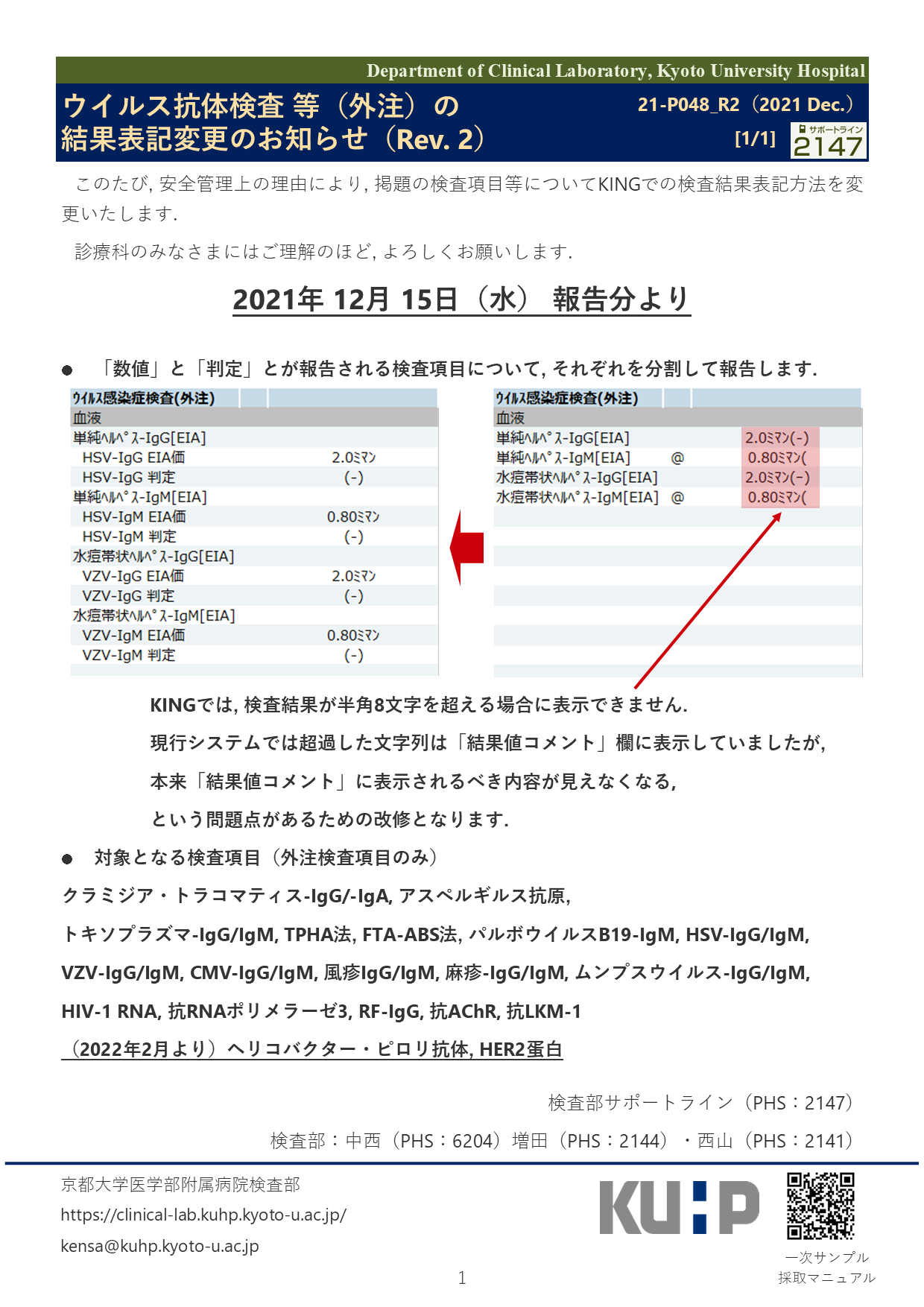 【2021 Dec.】<br />ウイルス抗体検査 等の結果表記変更のお知らせ（Rev. 2）