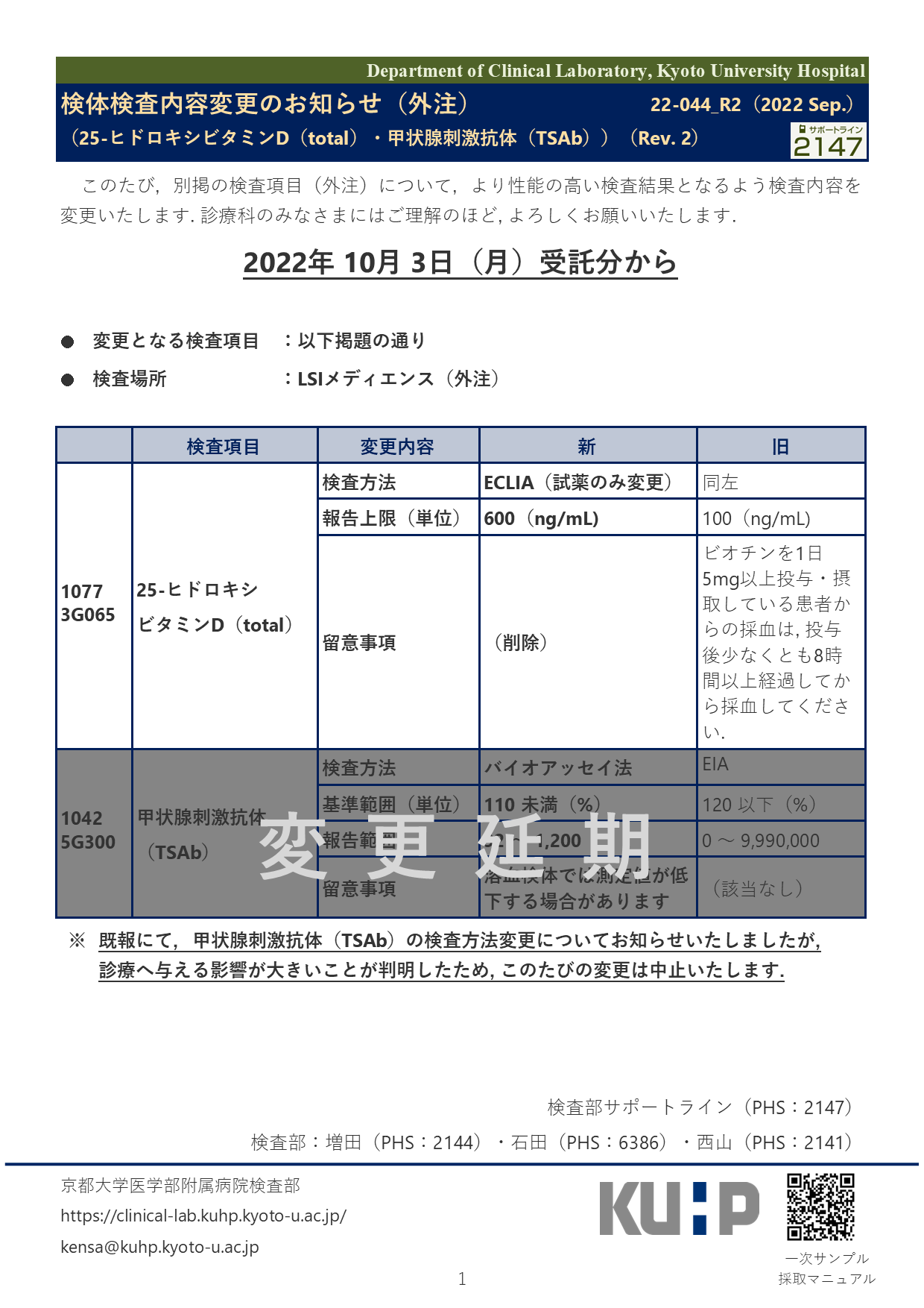 【2022 Sep.】<br />検体検査内容変更のお知らせ（外注）（25-ヒドロキシビタミンD（total）・甲状腺刺激ホルモン（TSAb））（Rev. 2）