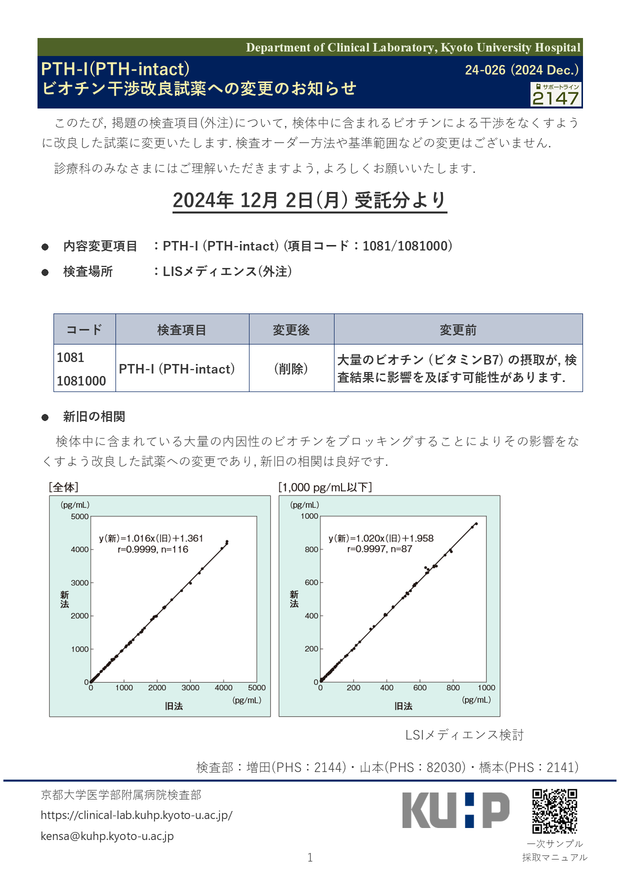 【2024 Dec.】<br />PTH-I(PTH-intact) ビオチン干渉改良試薬への変更のお知らせ