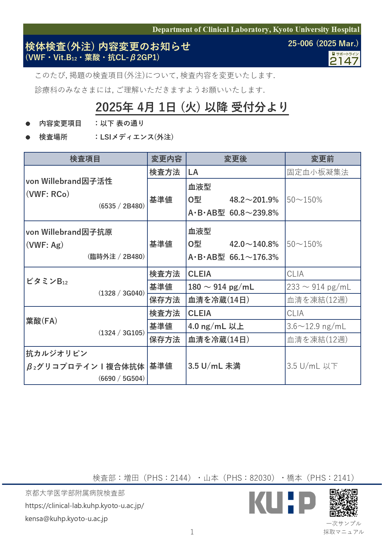 【2025 Mar.】<br />検体検査(外注) 内容変更のお知らせ(VWF・Vit.B12・葉酸・抗CL-β2GP1)