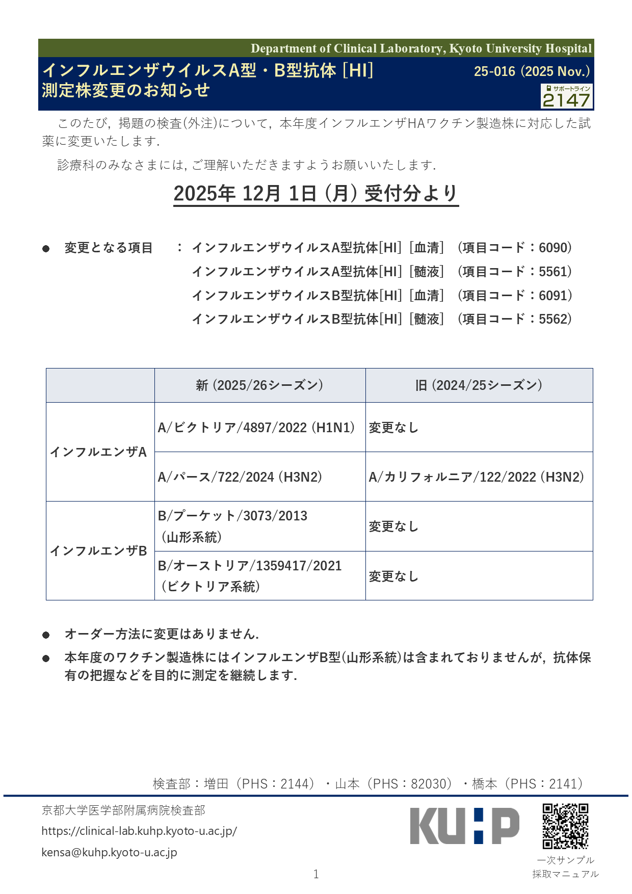 【2025 Nov.】<br />インフルエンザウイルスA型・B型抗体[HI] 測定株変更のお知らせ